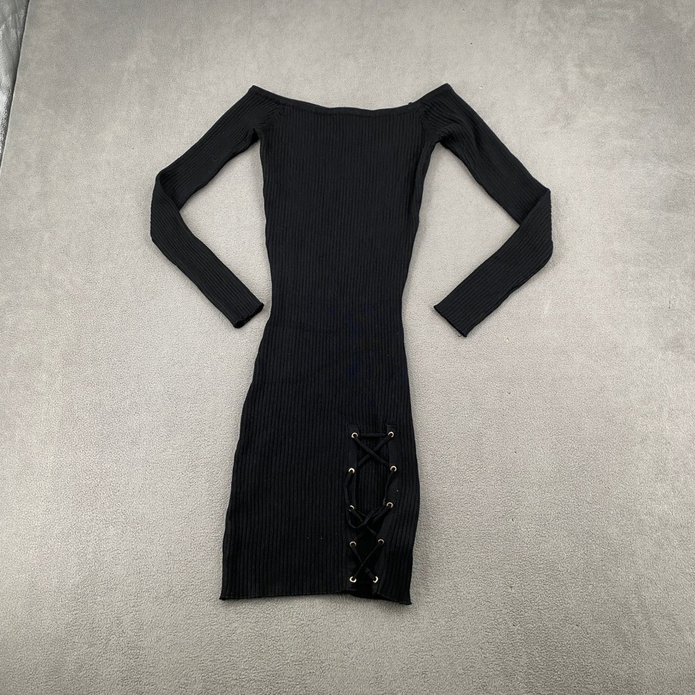 Say What Black Ribbed Off Shoulder Lace Up Side Bodycon Mini Dress Small